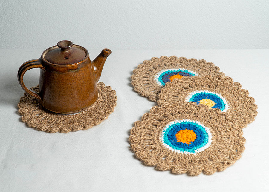 Jute and Fabric Crochet Placemat - Set of 2