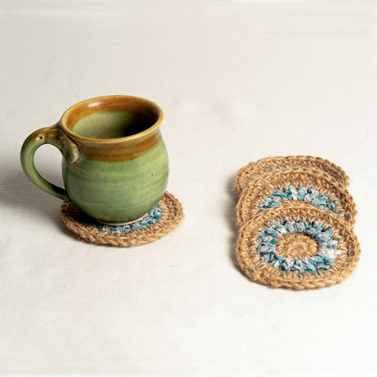 Jute and Fabric Crochet Tea Coaster - Set of 2