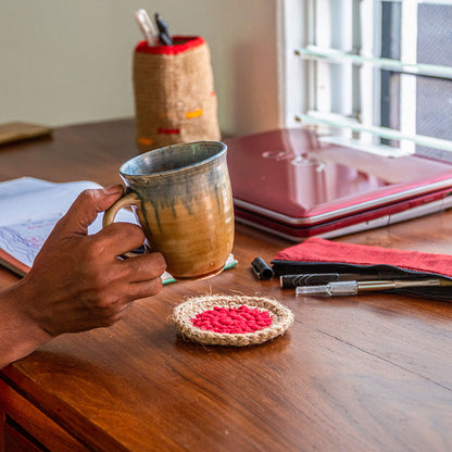 Jute and Fabric Crochet Tea Coaster - Set of 2